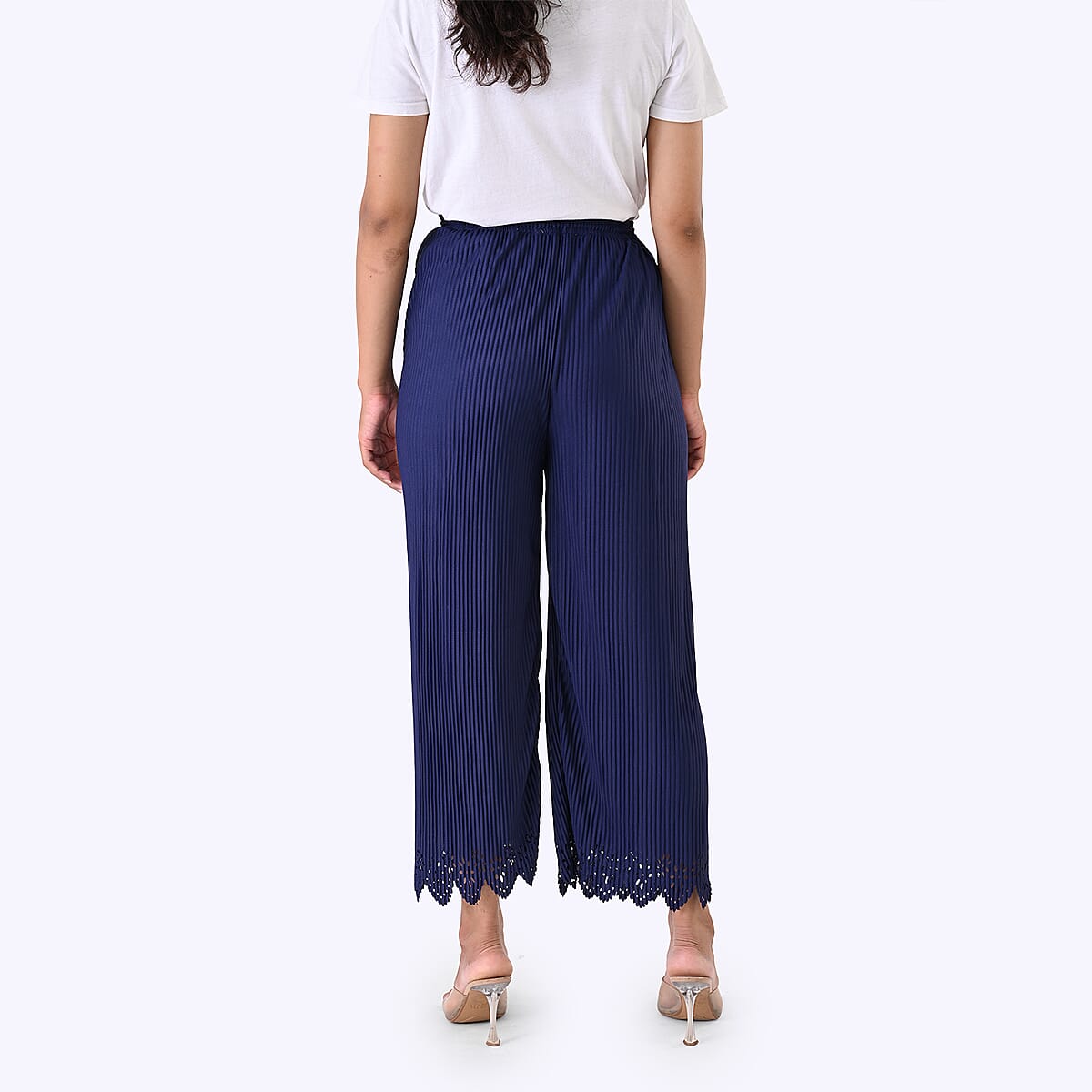 aser-Cut Hem Pleated Palazzo with Drawstring Waist - Navy image number 2