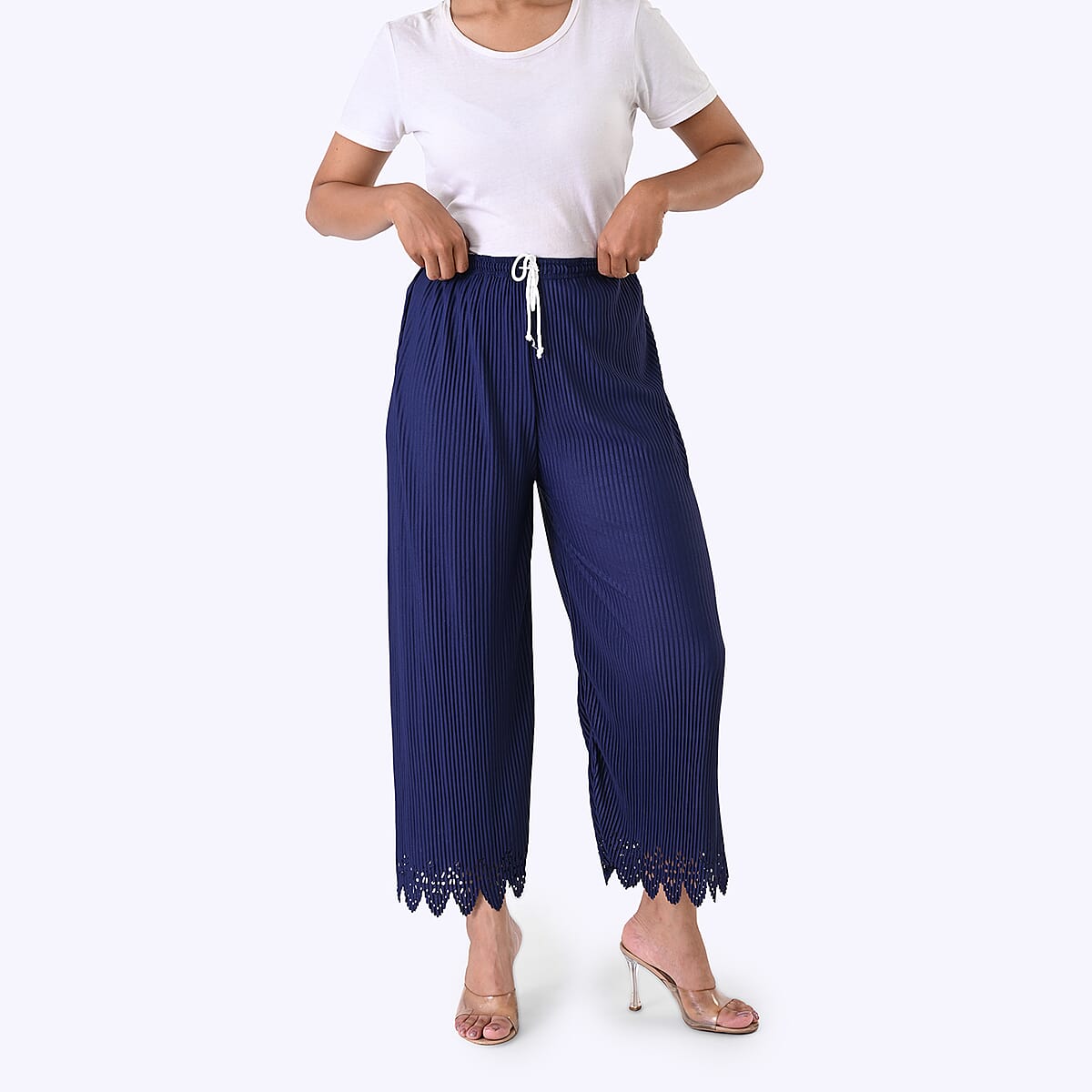 aser-Cut Hem Pleated Palazzo with Drawstring Waist - Navy image number 3