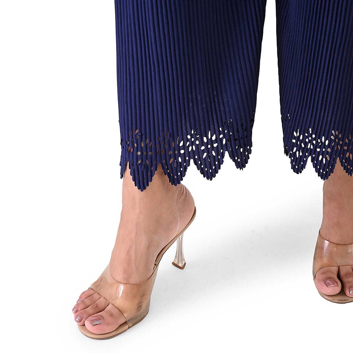 aser-Cut Hem Pleated Palazzo with Drawstring Waist - Navy image number 5