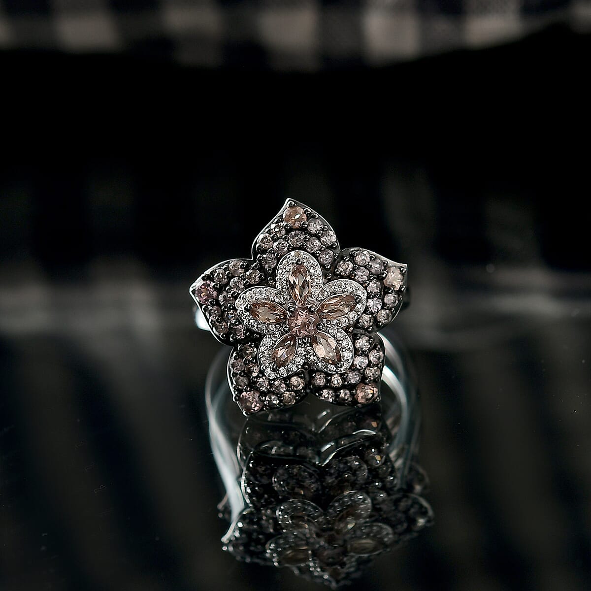 D'Joy Madagascar Color Change Garnet and White Zircon 2.15 ctw Midnight Petals Ring in Rhodium Over Sterling Silver (Size 8.0) image number 1