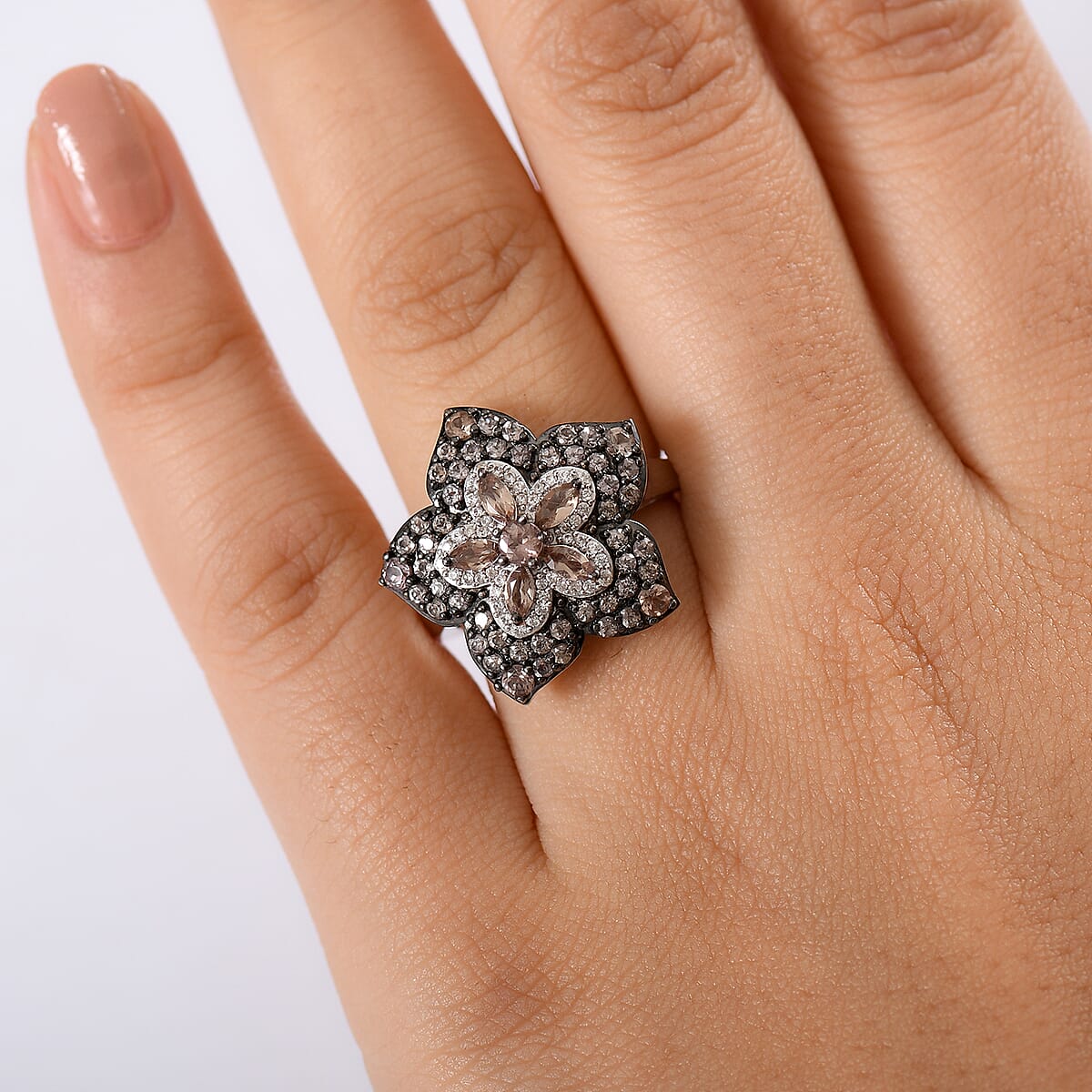 D'Joy Madagascar Color Change Garnet and White Zircon 2.15 ctw Midnight Petals Ring in Rhodium Over Sterling Silver (Size 8.0) image number 2