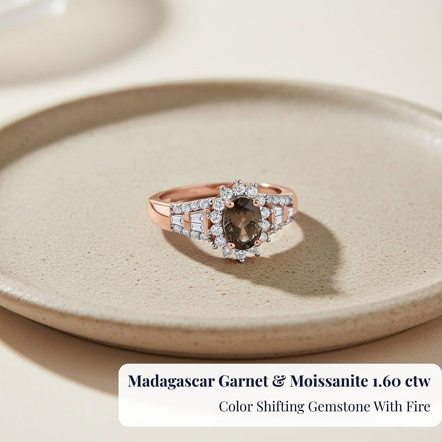 D'Joy Madagascar Color Change Garnet and Moissanite 1.60 ctw Lumina Cascade Ring in 18K Vermeil Rose Gold Over Sterling Silver (Size 10.0)