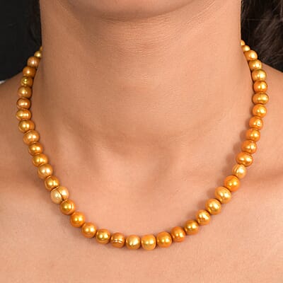 Golden Dyed Pearl Necklace in Stainless Steel 18 Inches