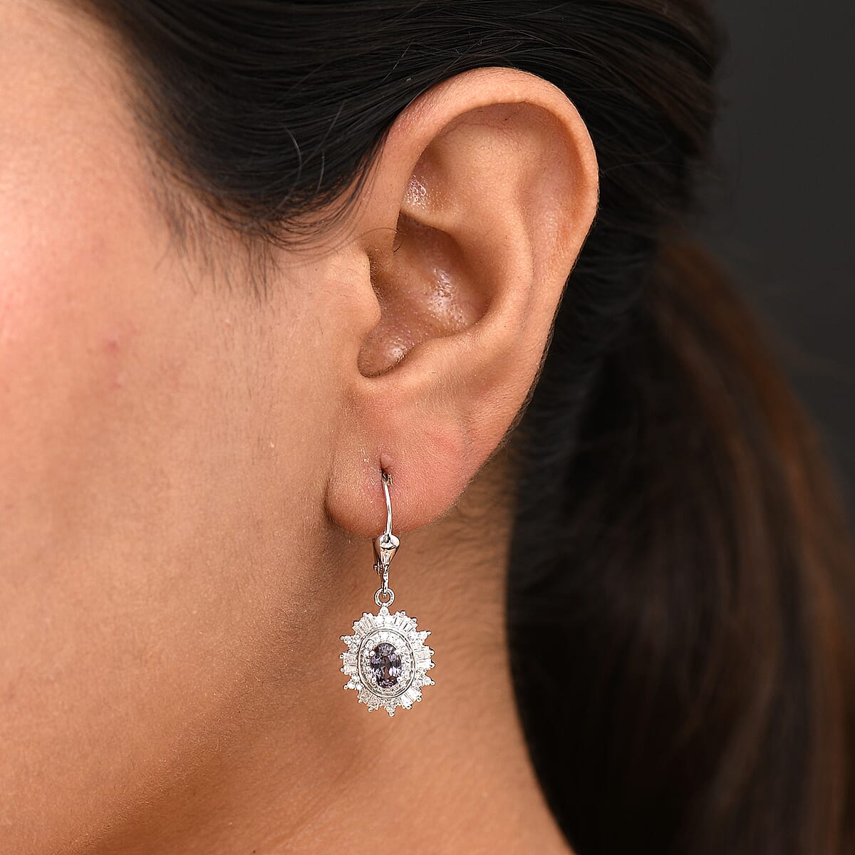 D’Joy Royal Lavender Spinel and Moissanite 2.15 ctw Regal Spark Earrings in Rhodium Over Sterling Silver image number 2