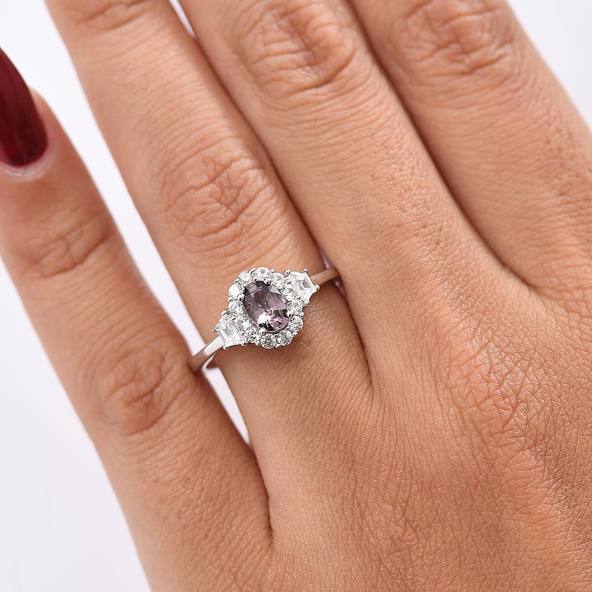 D’Joy Royal Lavender Spinel and White Zircon 1.20 ctw Classic Halo Ring in Rhodium Over Sterling Silver (Size 10.0) image number 2