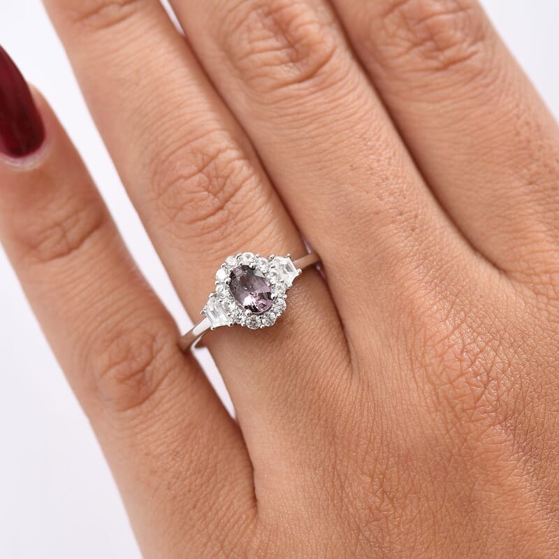 D’Joy Royal Lavender Spinel and White Zircon 1.20 ctw Classic Halo Ring in Rhodium Over Sterling Silver (Size 10.0)