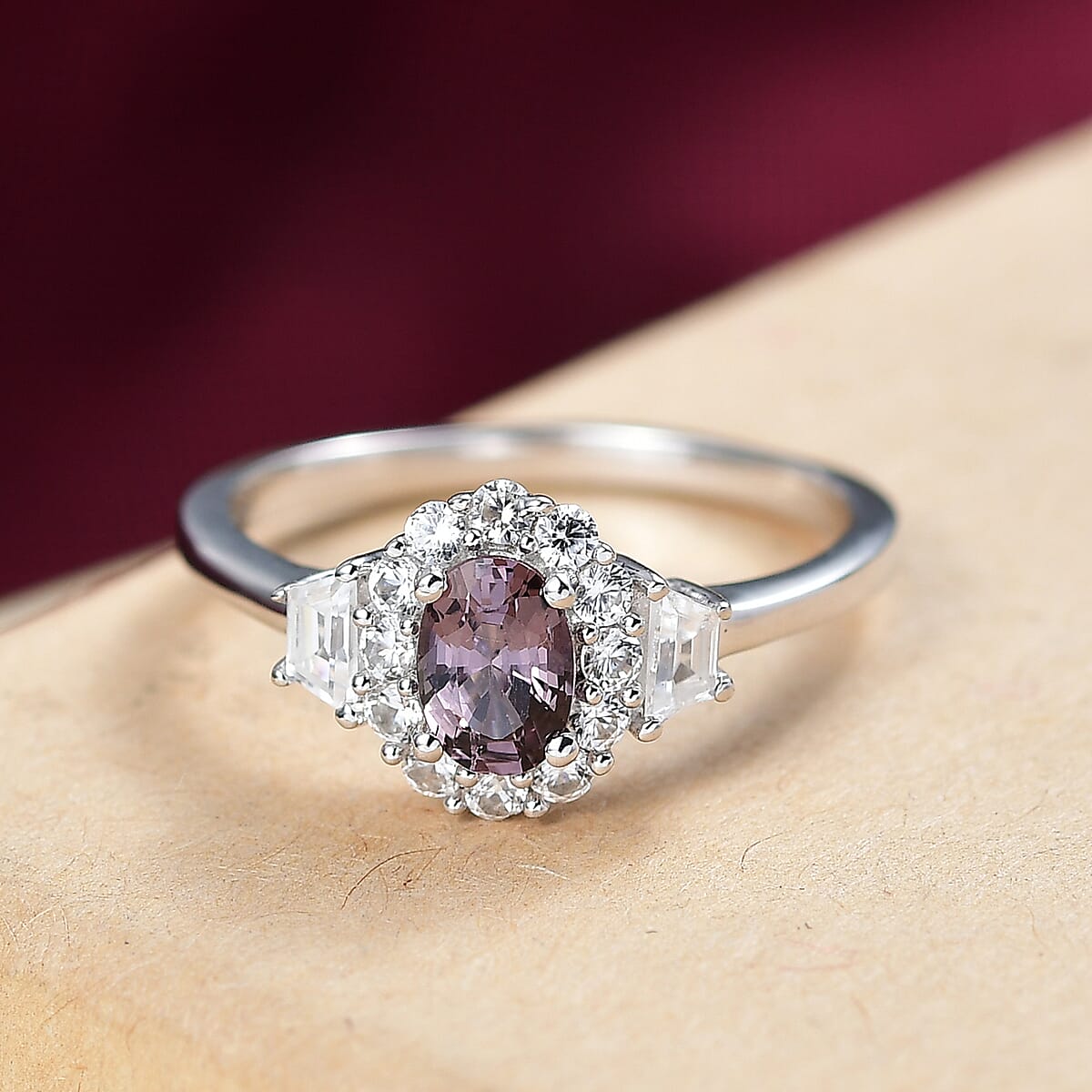 D’Joy Royal Lavender Spinel and White Zircon 1.20 ctw Classic Halo Ring in Rhodium Over Sterling Silver (Size 7.0) image number 1