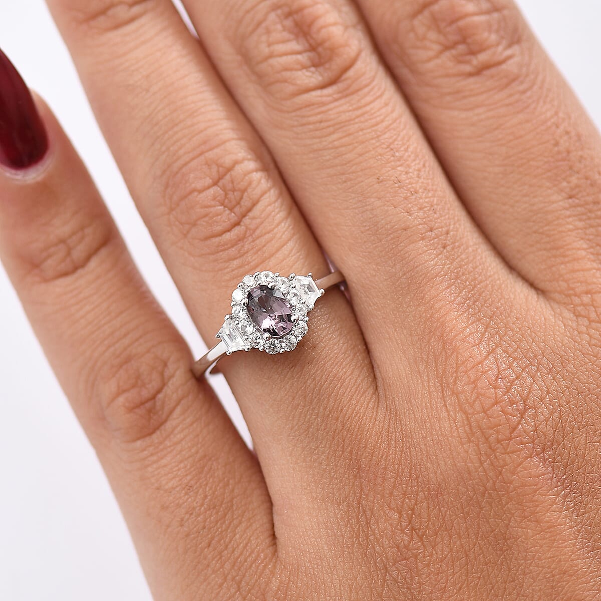 D’Joy Royal Lavender Spinel and White Zircon 1.20 ctw Classic Halo Ring in Rhodium Over Sterling Silver (Size 7.0) image number 2