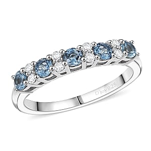 D'Joy Santa Maria Aquamarine and Moissanite 0.75 ctw Royal Drift Ring in Rhodium Over Sterling Silver (Size 10.0)