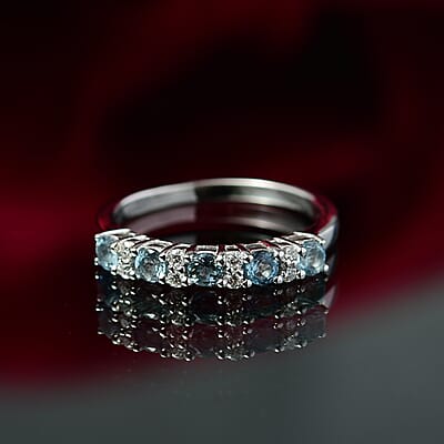 D'Joy Santa Maria Aquamarine and Moissanite 0.75 ctw Royal Drift Ring in Rhodium Over Sterling Silver (Size 10.0)