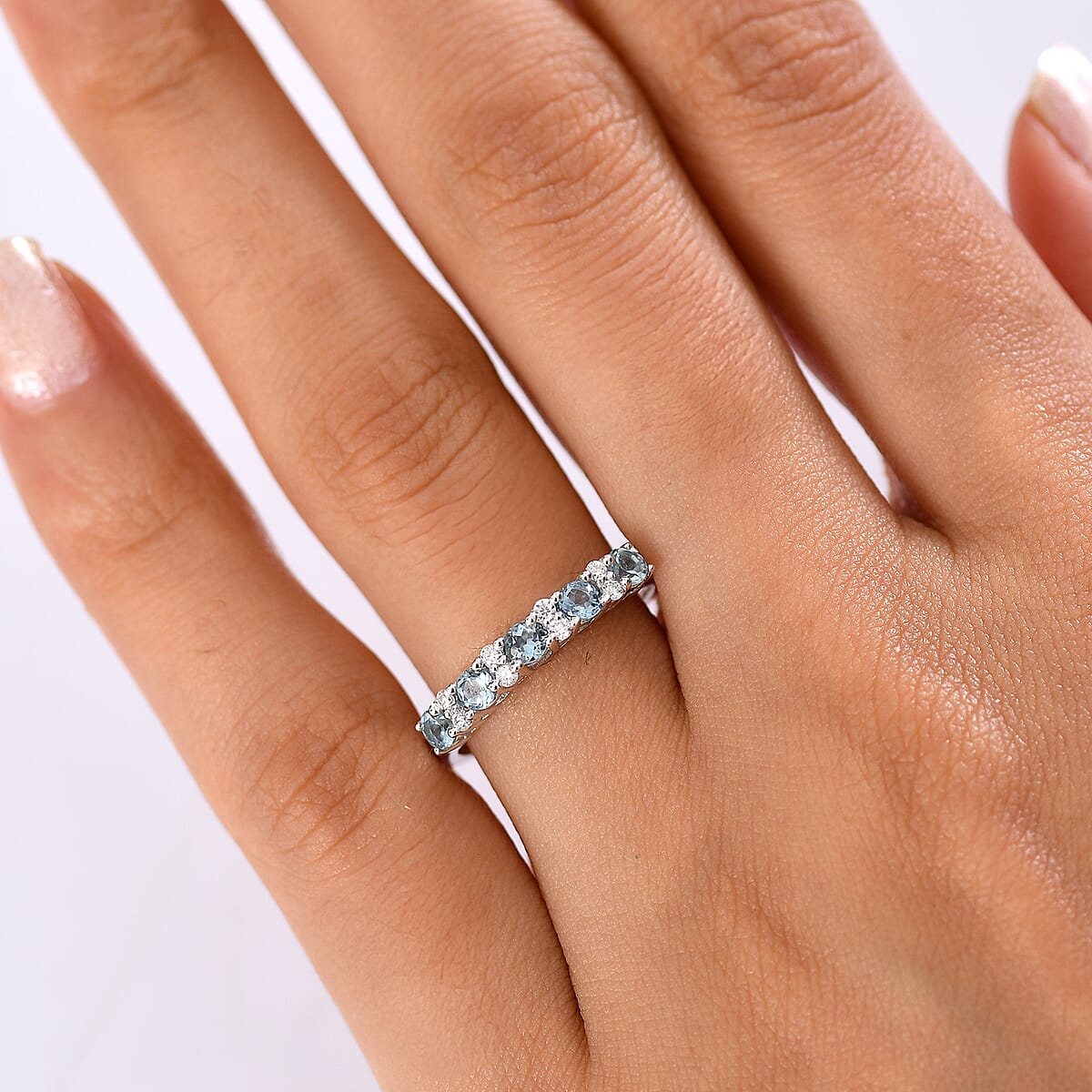 D'Joy Santa Maria Aquamarine and Moissanite 0.75 ctw Royal Drift Ring in Rhodium Over Sterling Silver (Size 10.0) image number 2