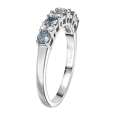D'Joy Santa Maria Aquamarine and Moissanite 0.75 ctw Royal Drift Ring in Rhodium Over Sterling Silver (Size 10.0)