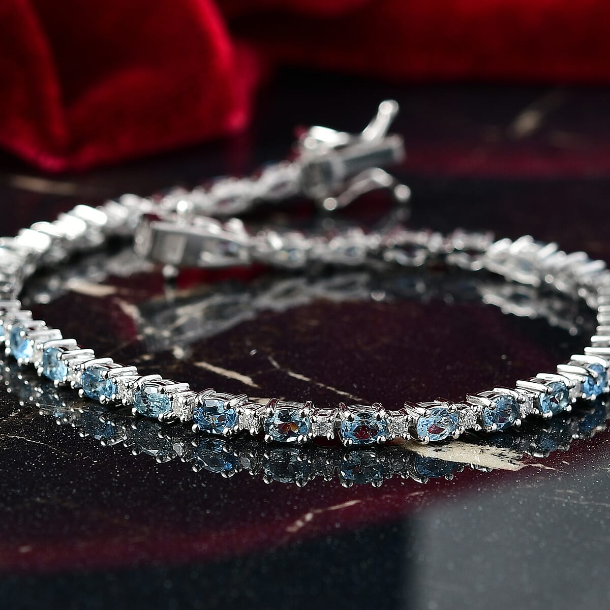 D'Joy Santa Maria Aquamarine and Moissanite 4.40 ctw Blue Legacy Bracelet in Rhodium Over Sterling Silver (6.50 In) image number 1