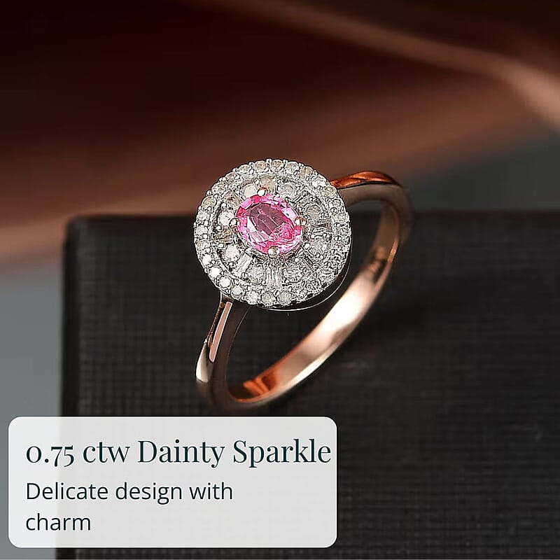 D’Joy Premium Mahenge Spinel, Diamond Ring in 18K Vermeil RG Over Sterling Silver (Size 10.0) 0.75 ctw