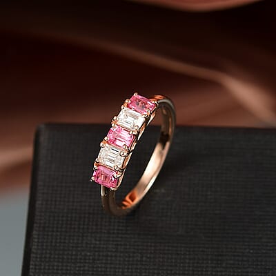 D'Joy Premium Mahenge Spinel, Moissanite 1.15 ctw 5 Stone Timeless Grace Ring in 18K Vermeil Rose Gold Over Sterling Silver (Size 6.0)