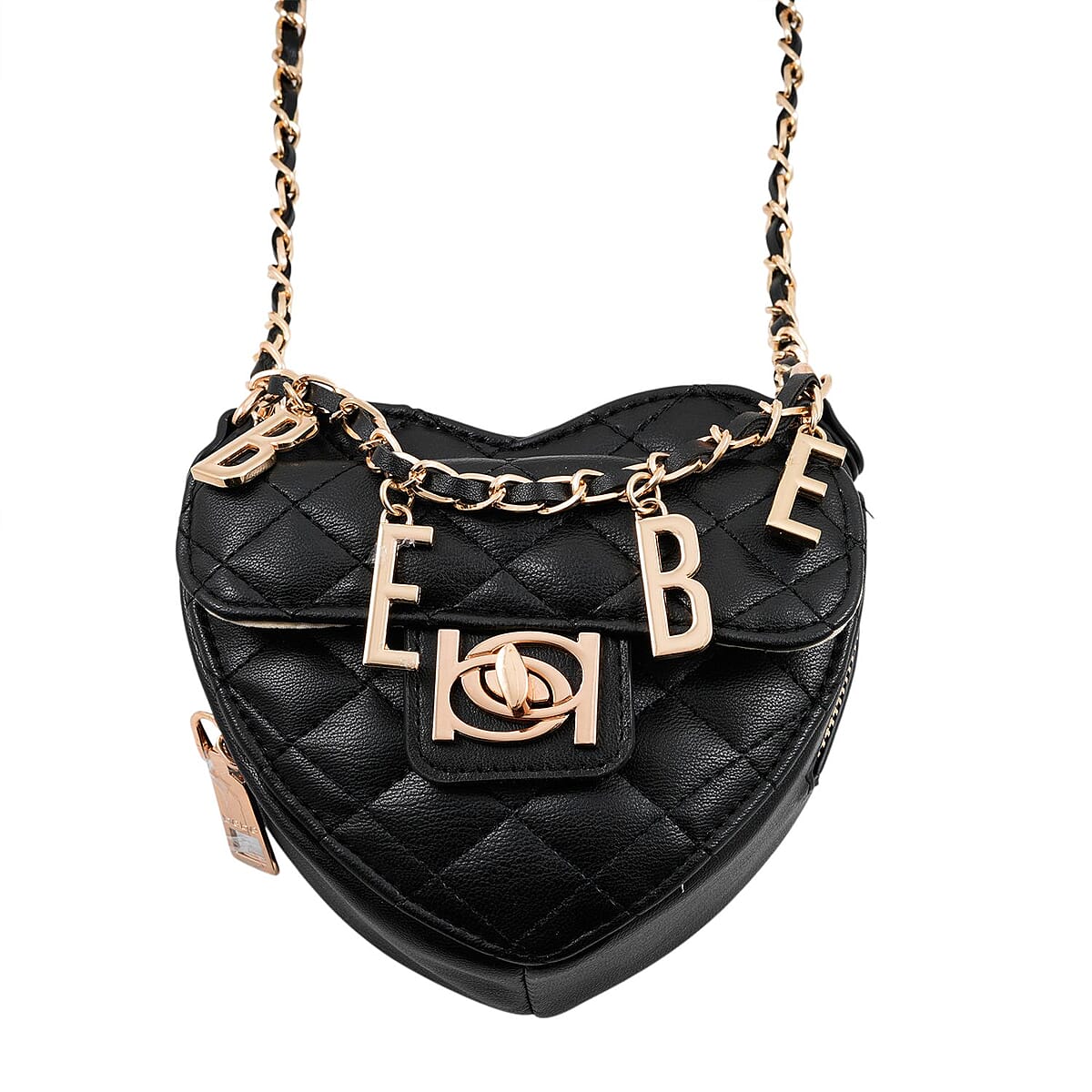 Closeout Bebe Black Quilted Faux Leather Heart Crossbody Bag image number 1