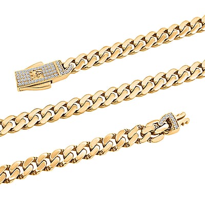10K Yellow Gold Monaco Chain Necklace with Simulated Diamond Lock 22.47 Grams 20 Inches