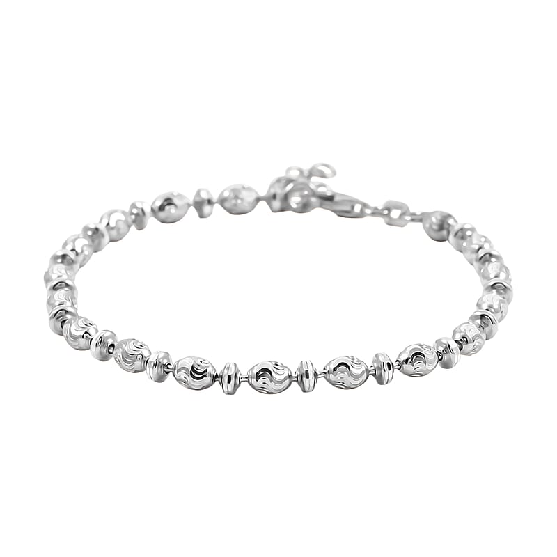 Italian Rhodium Over Sterling Silver Moon-cut Beaded Chain Bracelet (7.00 In) (6.12 Grams)