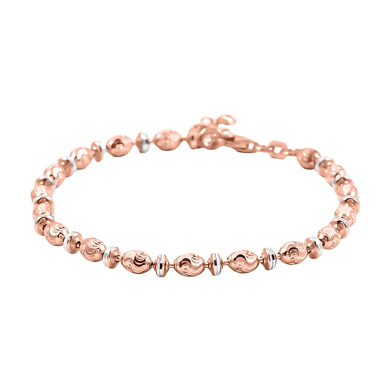 Italian 14K RG Over Sterling Silver Moon-cut Beaded Chain Bracelet (7.00 In) (6.02 Grams)