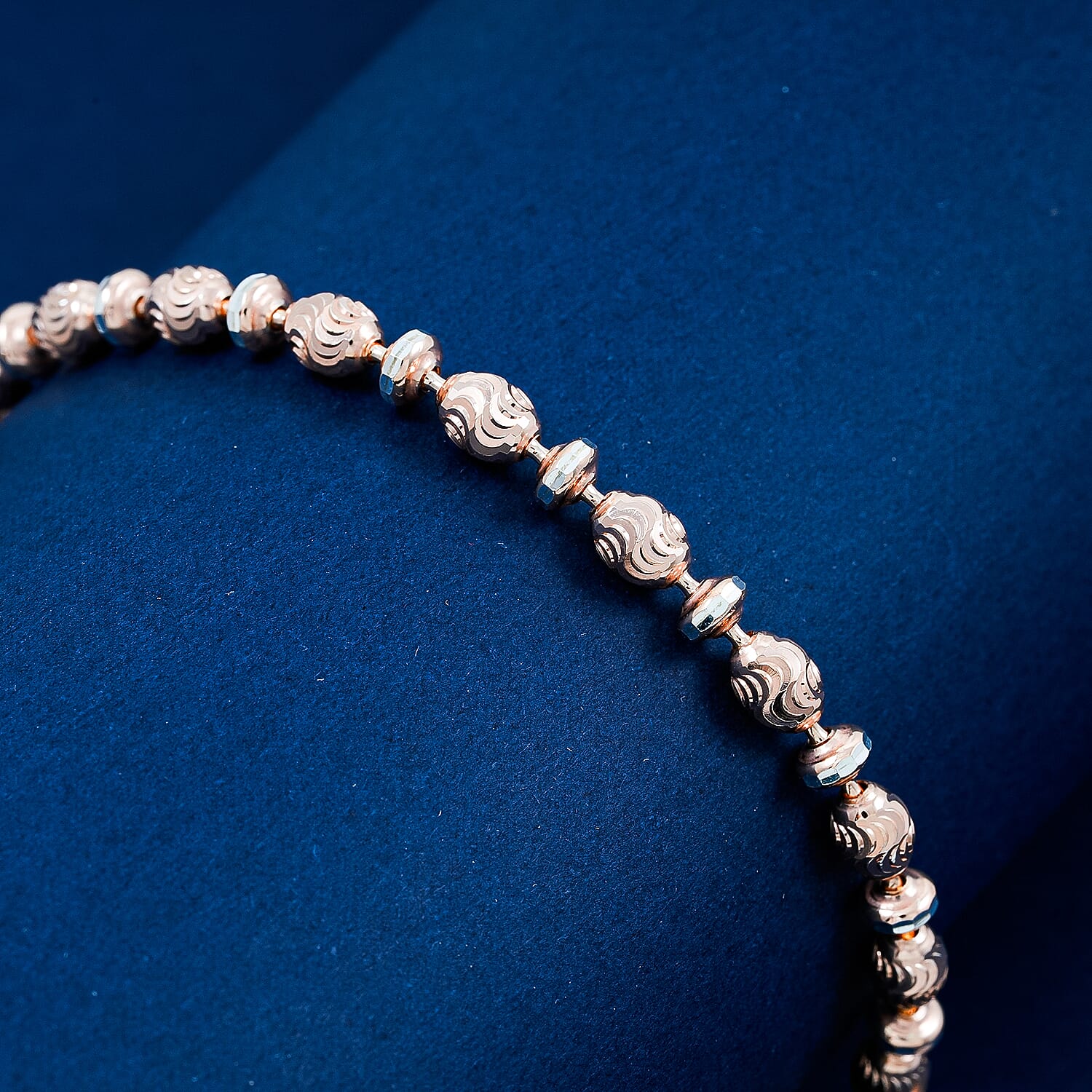 Italian 14K RG Over Sterling Silver Moon-cut Beaded Chain Bracelet (7.00 In) (6.02 Grams)