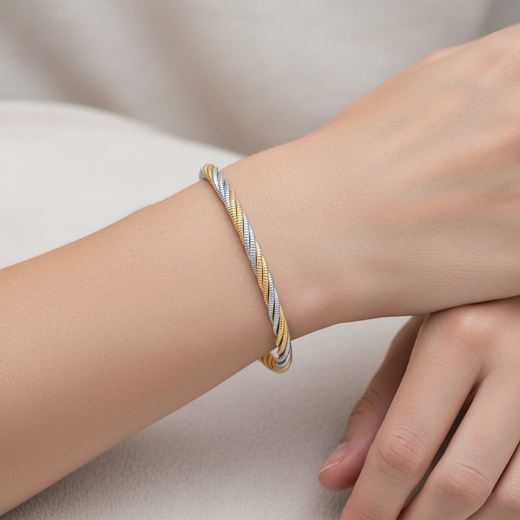  Italian Twisted Omega Chain Bracelet in 14K YG and Rhodium Over Sterling Silver (7.25 In) 8.4 Grams