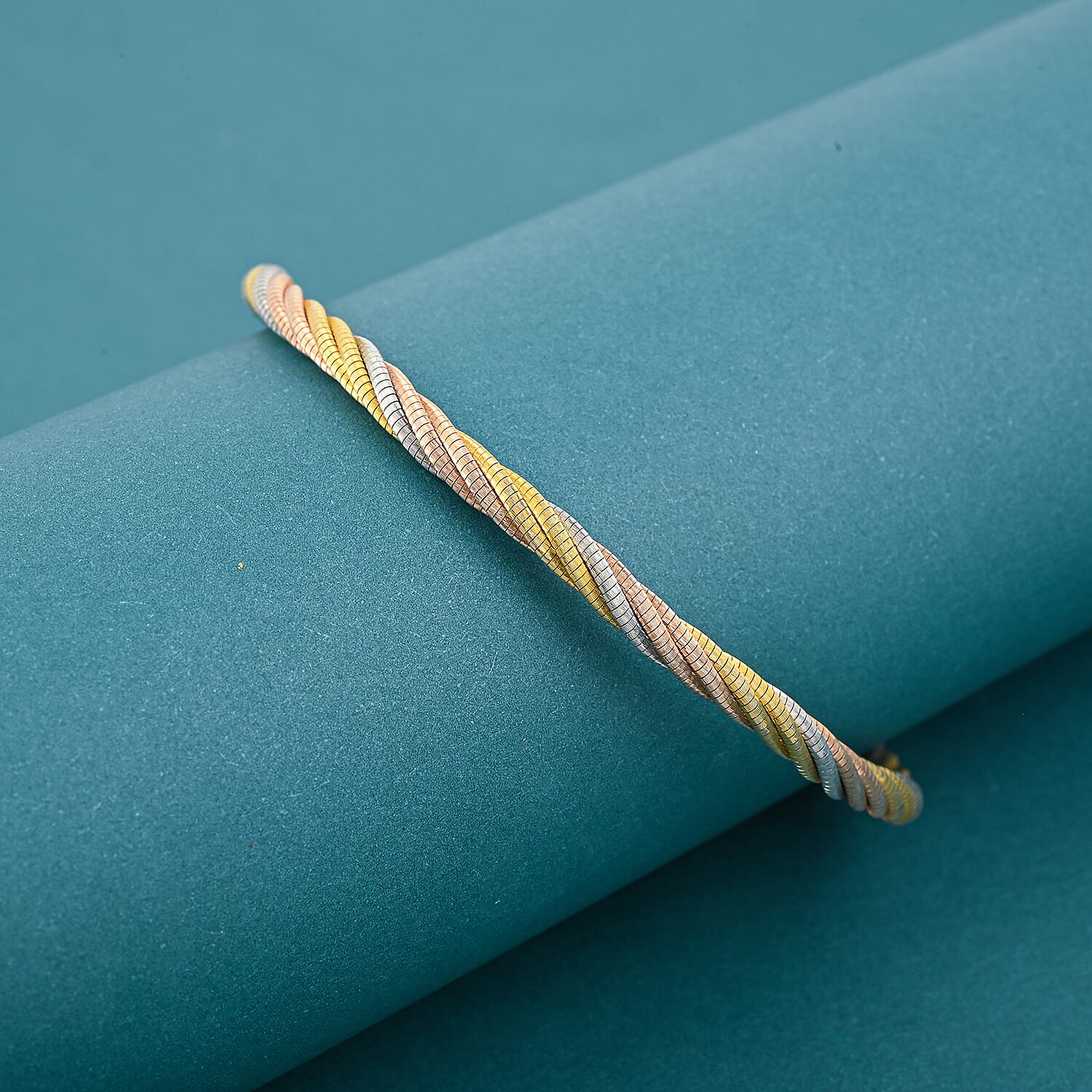  Italian Twisted Omega Chain Bracelet in 14K YRG and Rhodium Over Sterling Silver (7.25 In) 8.63 Grams
