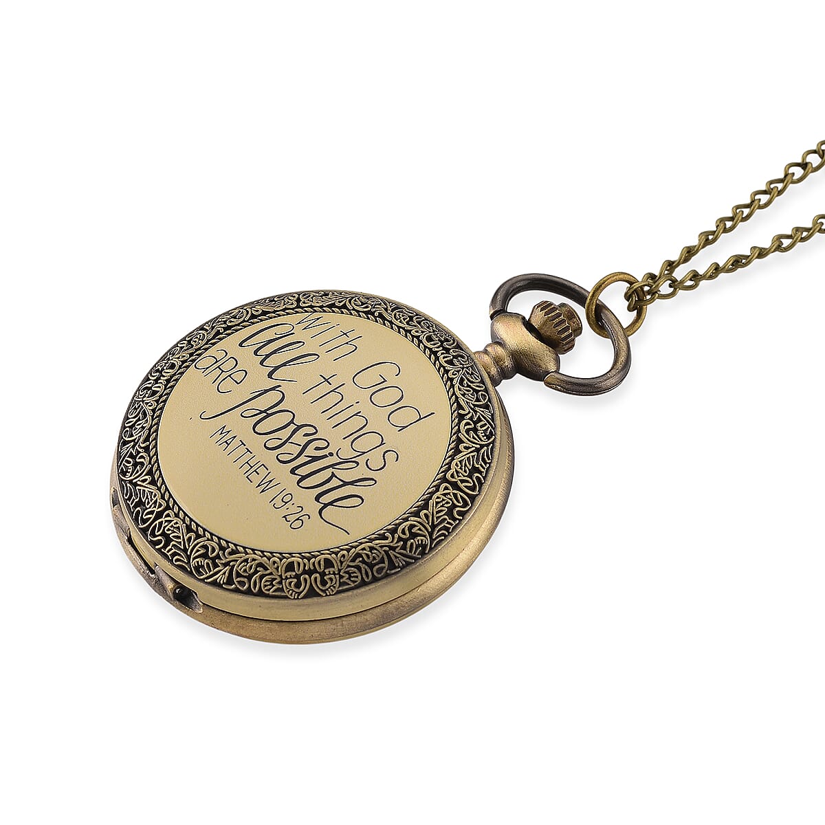 Strada Japanese Movement Gold Bottom with Gold Text Pattern Pocket Watch with Chain (36 Inches) in Goldtone image number 3