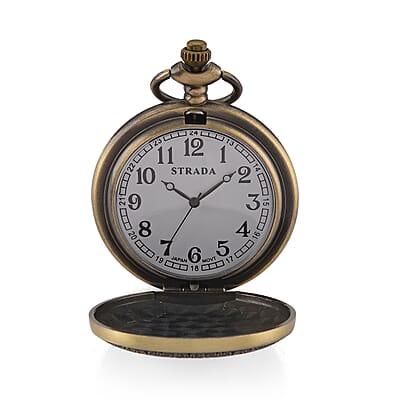 Strada Japanese Movement Gold Bottom with Gold Text Pattern Pocket Watch with Chain (36 Inches) in Goldtone