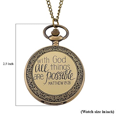 Strada Japanese Movement Gold Bottom with Gold Text Pattern Pocket Watch with Chain (36 Inches) in Goldtone