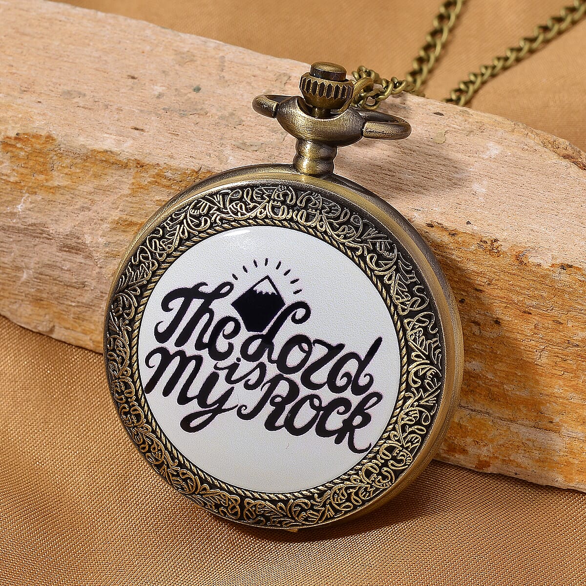 Strada Japanese Movement Light Blue Bottom Text Pattern Pocket Watch with Chain (36 Inches) in Goldtone image number 1