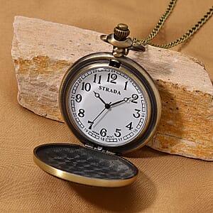 Strada Japanese Movement Light Blue Bottom Text Pattern Pocket Watch with Chain (36 Inches) in Goldtone