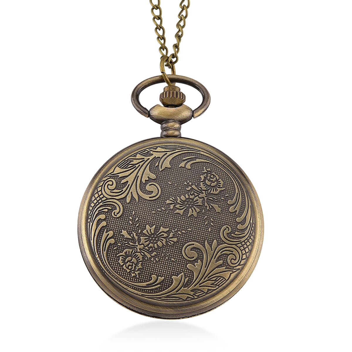 Strada Japanese Movement Light Blue Bottom Text Pattern Pocket Watch with Chain (36 Inches) in Goldtone image number 4