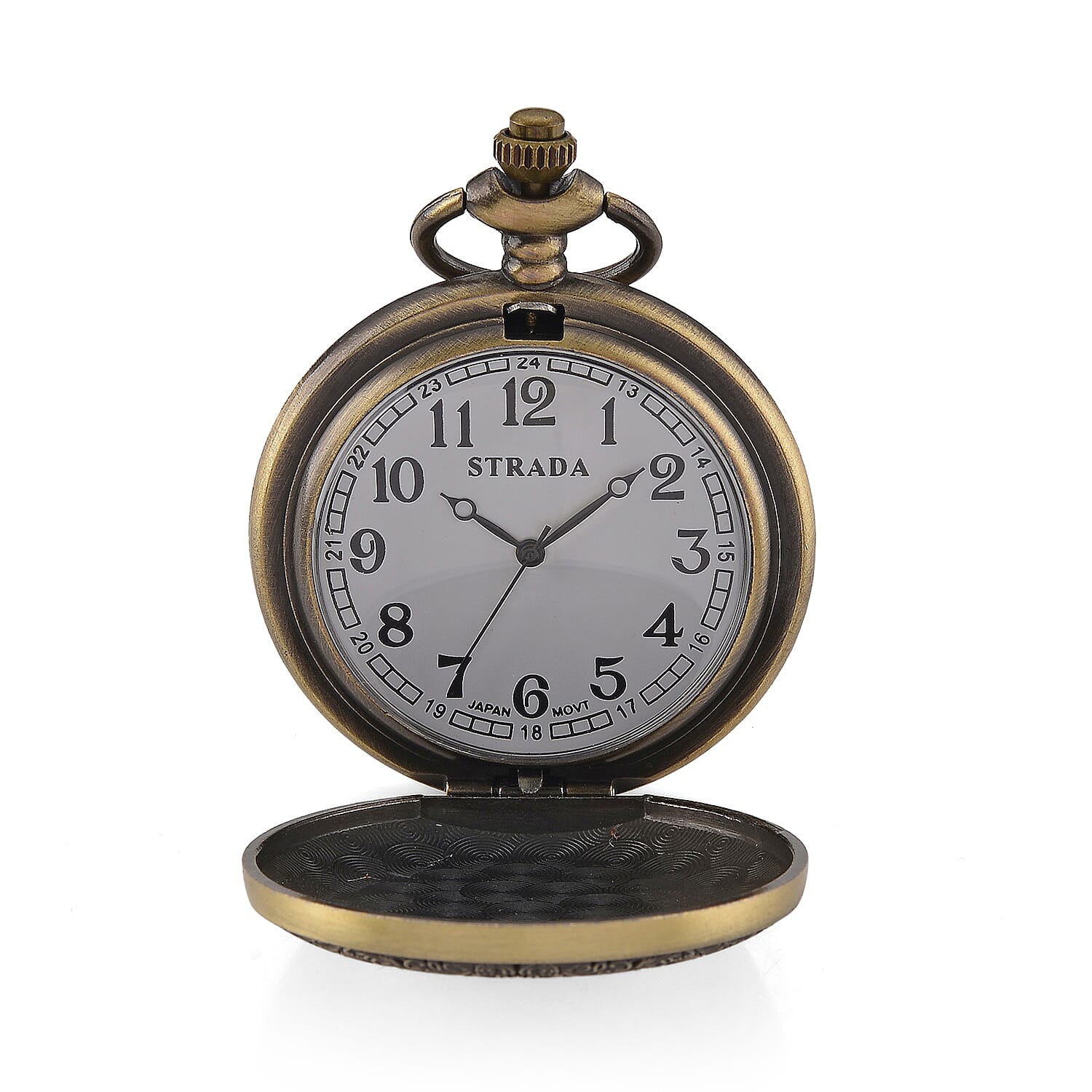 Strada Japanese Movement Light Blue Bottom Text Pattern Pocket Watch with Chain (36 Inches) in Goldtone