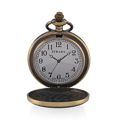 Strada Japanese Movement Light Blue Bottom Text Pattern Pocket Watch with Chain (36 Inches) in Goldtone
