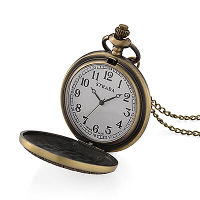 Strada Japanese Movement Light Blue Bottom Text Pattern Pocket Watch with Chain (36 Inches) in Goldtone
