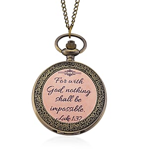 Strada Japanese Movement Nude Pink Bottom Text Pattern Pocket Watch with Chain (36 Inches) in Goldtone