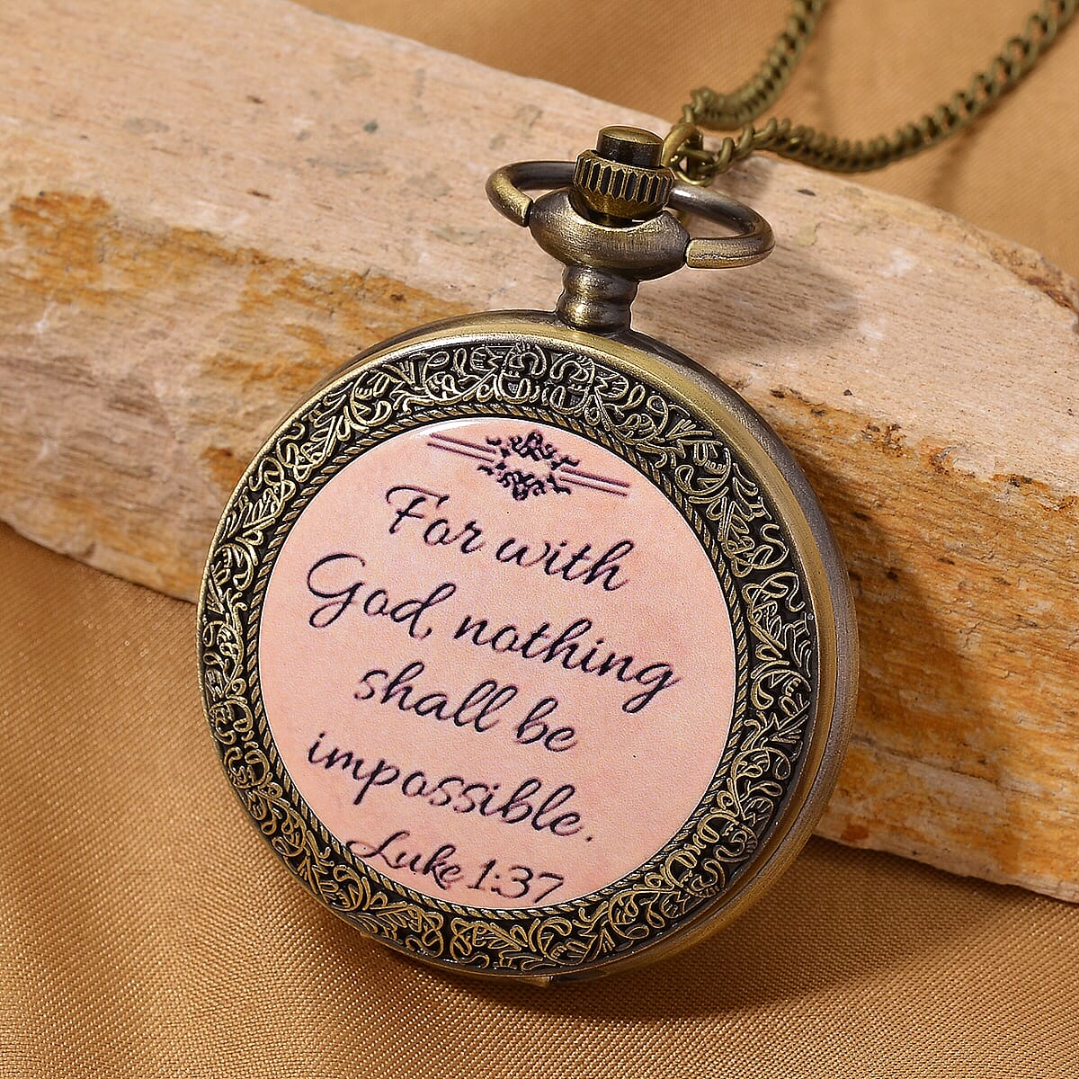 Strada Japanese Movement Nude Pink Bottom Text Pattern Pocket Watch with Chain (36 Inches) in Goldtone image number 1