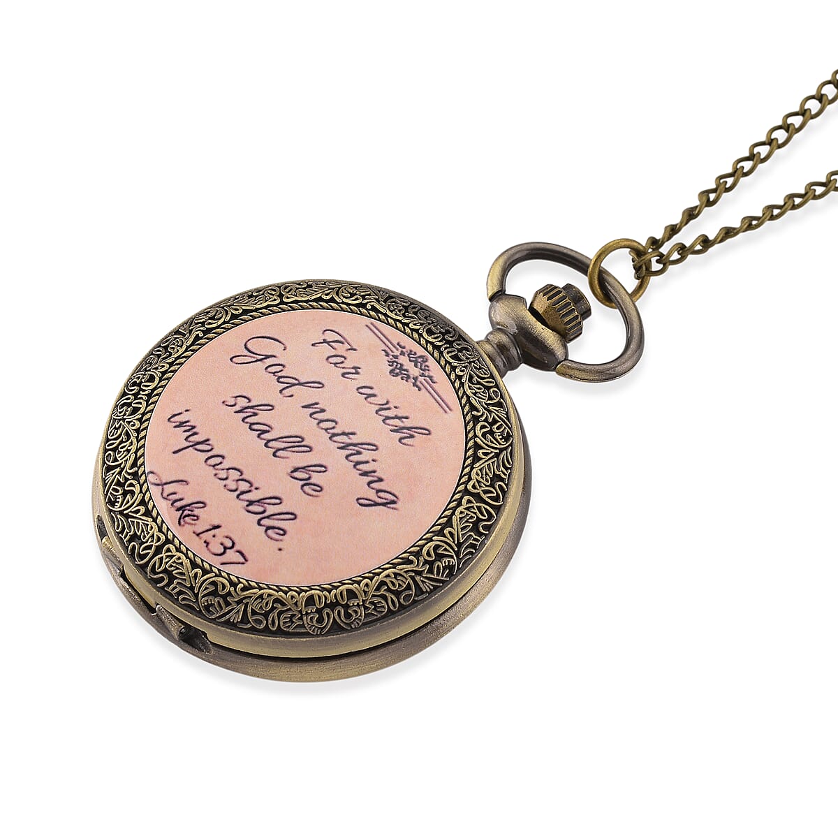 Strada Japanese Movement Nude Pink Bottom Text Pattern Pocket Watch with Chain (36 Inches) in Goldtone image number 3