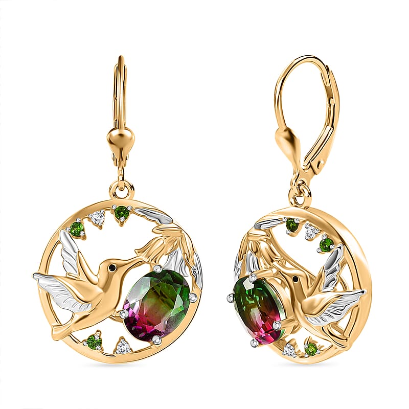 D’Joy Watermelon Quartz (Triplet) and Multi Gemstone 2.80 ctw Earrings in 18K Vermeil YG and Rhodium Over Sterling Silver