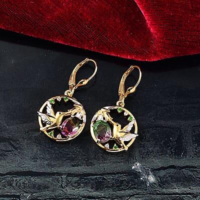 D’Joy Watermelon Quartz (Triplet) and Multi Gemstone 2.80 ctw Earrings in 18K Vermeil YG and Rhodium Over Sterling Silver