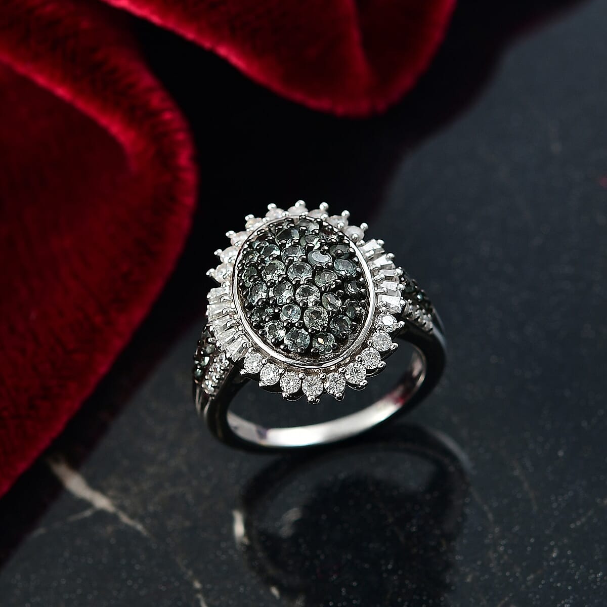 D'Joy Narsipatnam Alexandrite and Moissanite 2.00 ctw Sunburst Majesty Ring in Rhodium Over Sterling Silver (Size 9.0) image number 1