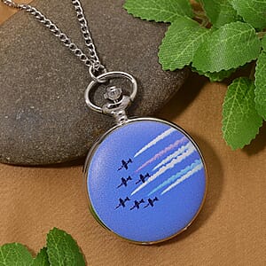 Strada Japanese Movement Jet Plane Pattern Pocket Watch with Chain (36 Inches) in Silvertone