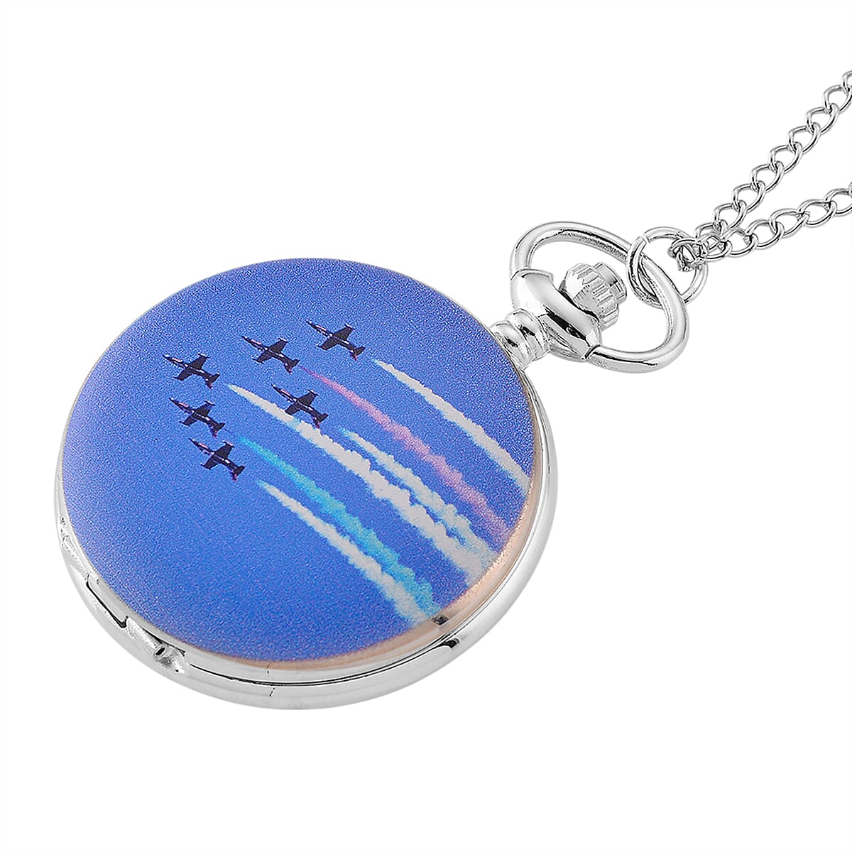 Strada Japanese Movement Jet Plane Pattern Pocket Watch with Chain (36 Inches) in Silvertone image number 2