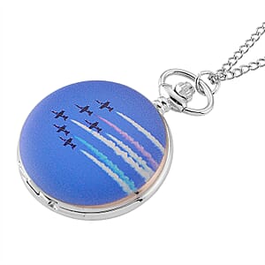 Strada Japanese Movement Jet Plane Pattern Pocket Watch with Chain (36 Inches) in Silvertone