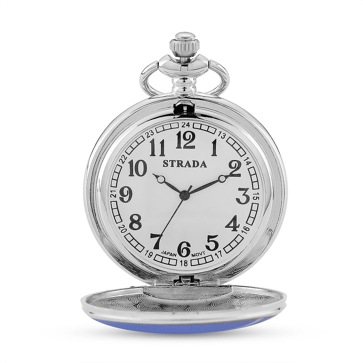Strada Japanese Movement Jet Plane Pattern Pocket Watch with Chain (36 Inches) in Silvertone image number 5