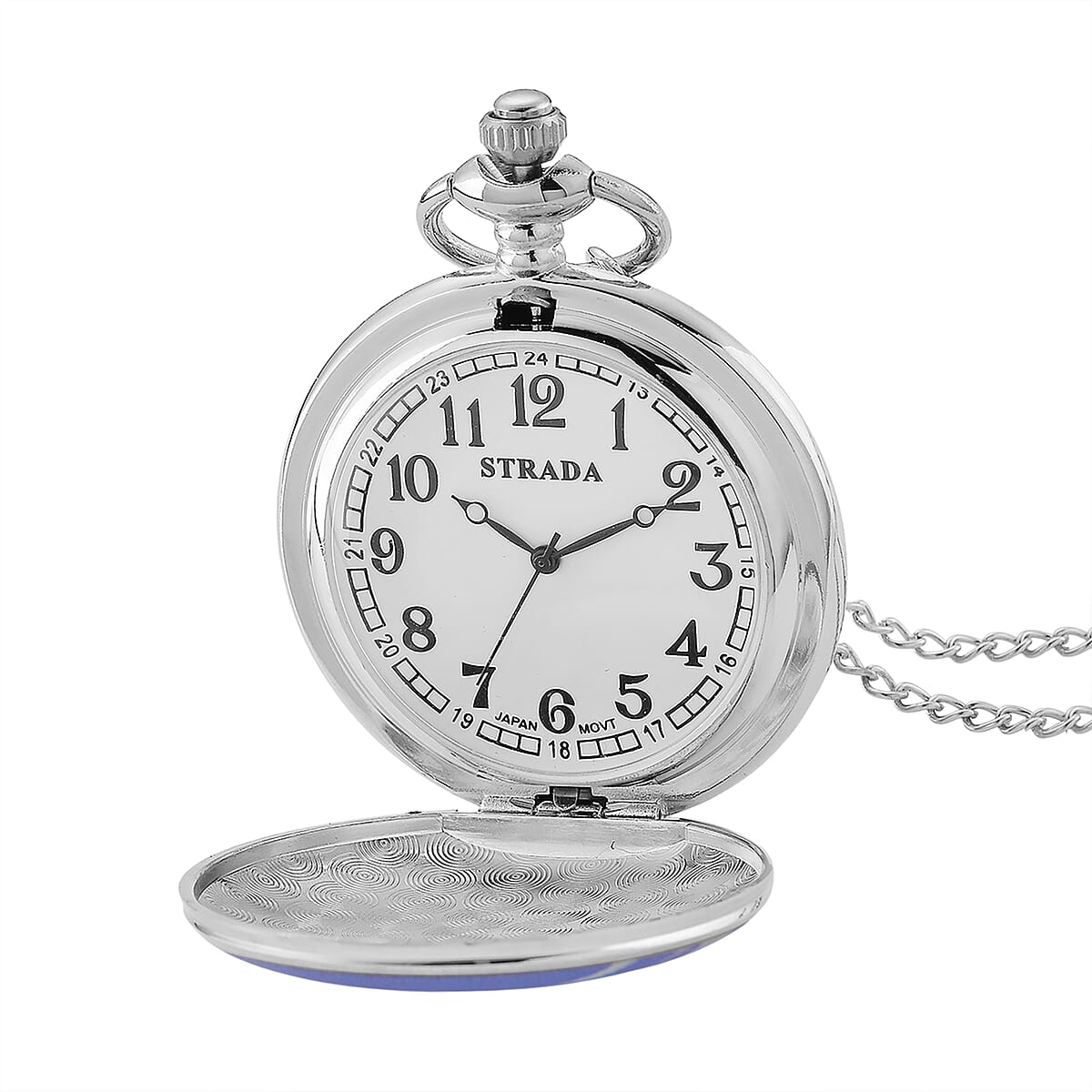 Strada Japanese Movement Jet Plane Pattern Pocket Watch with Chain (36 Inches) in Silvertone image number 6
