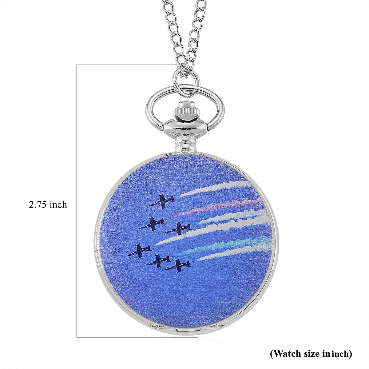 Strada Japanese Movement Jet Plane Pattern Pocket Watch with Chain (36 Inches) in Silvertone image number 7