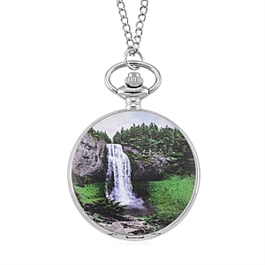 Strada Japanese Movement Waterfall Pattern Pocket Watch with Chain (36 Inches) in Silvertone