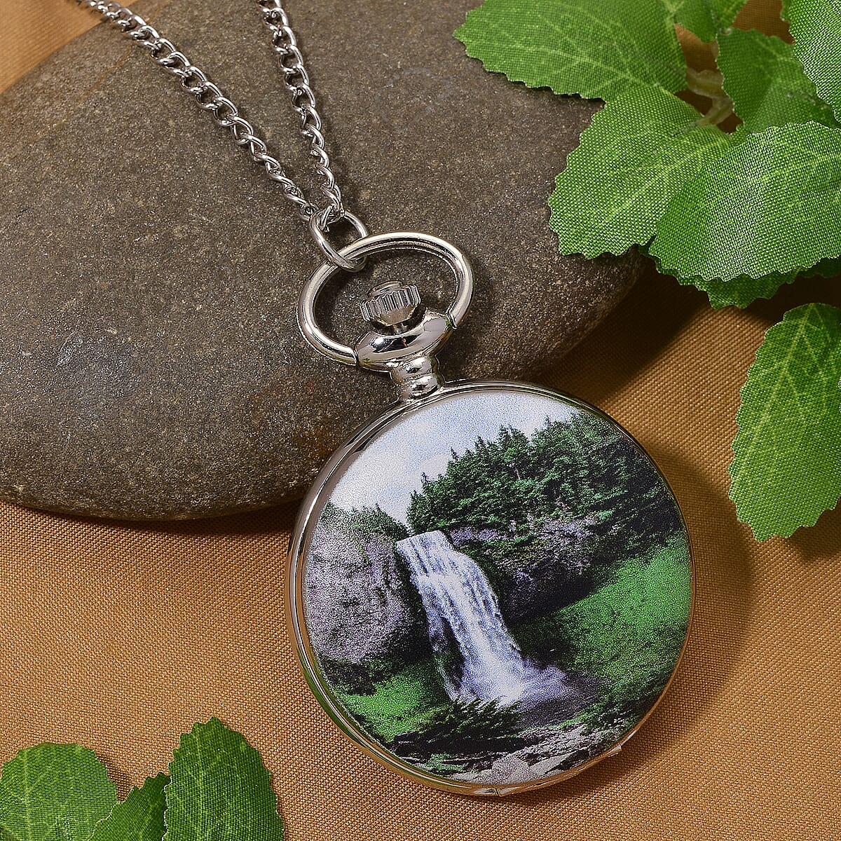 Strada Japanese Movement Waterfall Pattern Pocket Watch with Chain (36 Inches) in Silvertone image number 1