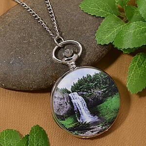 Strada Japanese Movement Waterfall Pattern Pocket Watch with Chain (36 Inches) in Silvertone